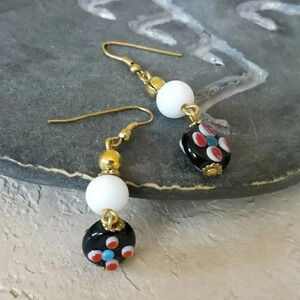 Handmade India Lampwork Glass Black White Red Raw Brass 2" Long Dangle Earrings